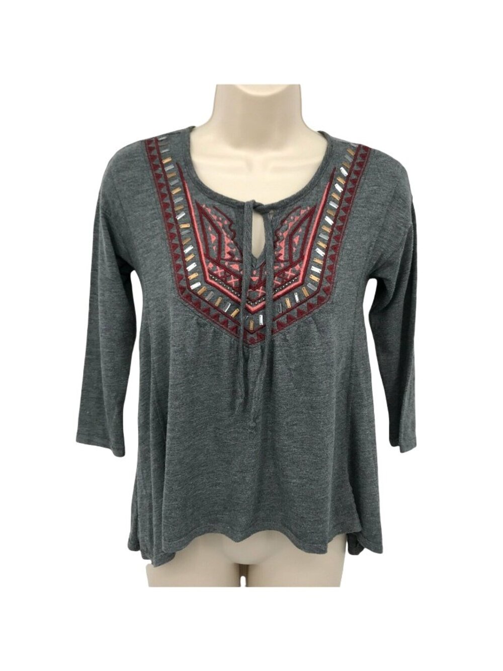 Hollister Gray Embroidered Tunic Top With 3/4 Sleeves & Keyhole Tie Neck XS